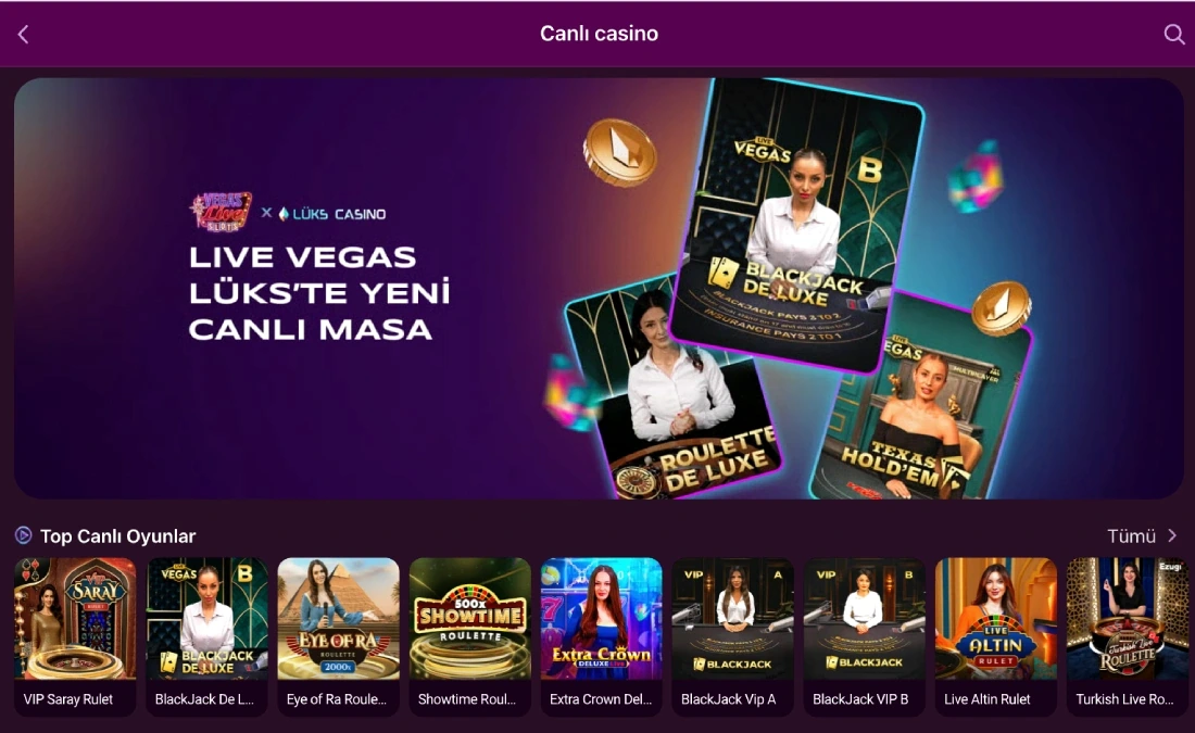 Live Vegas banner in the Live Casino category next to Roulette De Luxe and BlackJack De Luxe table cards