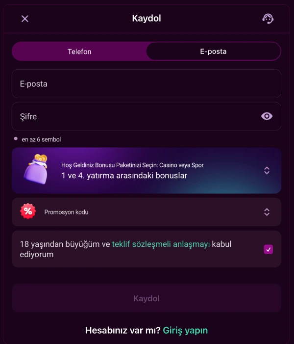 Sign-up window with the Email tab active, showing the email and password fields plus the welcome bonus package picker