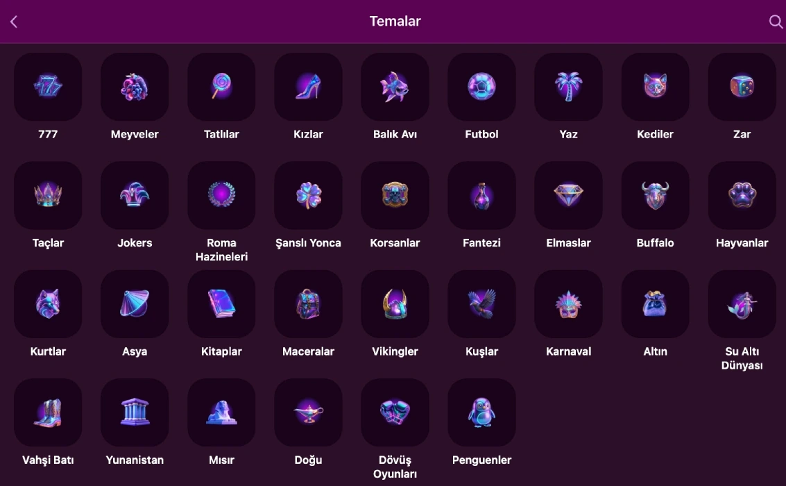 Theme options in the slot library, including 777, Fruits, Sweets, Fishing and Football icons